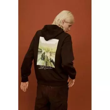 Толстовка с капюшоном свободного кроя HM с принтом, темно-коричневая, внутренняя часть Focus XS