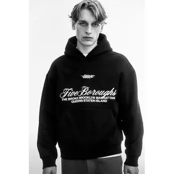 Толстовка с капюшоном свободного кроя с принтом HM, черная, Five boroughs XS
