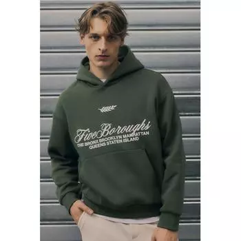 Толстовка с капюшоном свободного кроя с принтом HM KHaki Green Five Boroughs XS