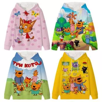 Толстовка с капюшоном Three Kittens E-cat Family для детей, милая детская осенняя толстовка с рисунком манги, детская одежда для девочек и мальчиков, толстовки с капюшоном 100 белый