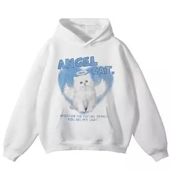Толстовка с капюшоном унисекс большого размера с рисунком кота в уличном стиле S белый