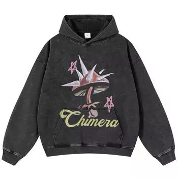 Толстовка с капюшоном унисекс Y2K с принтом грибов, черного цвета, свободного покроя S чёрный