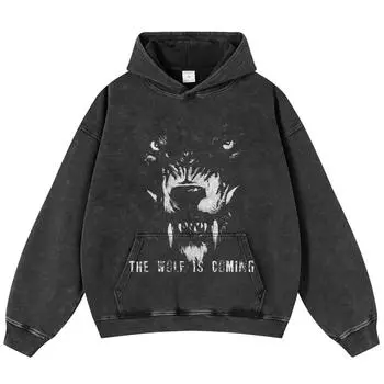 Толстовка с капюшоном унисекс Y2K в уличном стиле с принтом волка черного цвета S чёрный