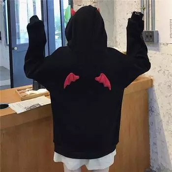Толстовка с капюшоном в готическом стиле для девочек, свободная посадка с длинными рукавами и рогами дьявола, женская толстовка с крыльями демона, уличная одежда 2XL чёрный