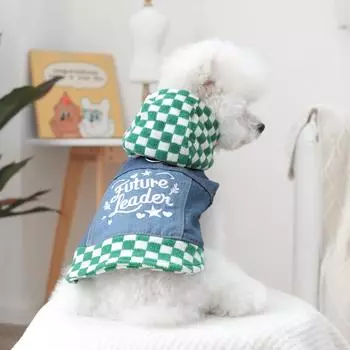 Толстовка с капюшоном в клетку для домашних животных с джинсовыми вставками и утолщенной верхней одеждой, трехцветное клетчатое джинсовое пальто, одежда для собак маленьких пород XS