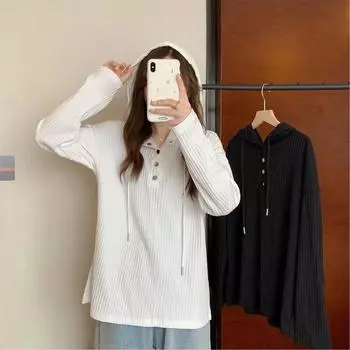 Толстовка с капюшоном в однотонную полоску для женщин, свободная майка с длинными рукавами, топ с утягивающими пуговицами L чёрный