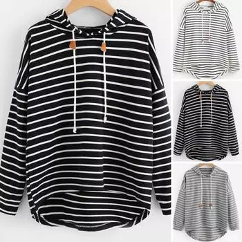 Толстовка с капюшоном в полоску и принтом контрастного цвета, на шнурке, с неравномерным подолом, с длинным рукавом, с капюшоном, свободный пуловер, повседневный мягкий M серый
