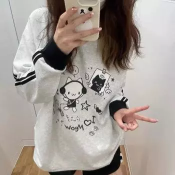 Толстовка с капюшоном в полоску с длинным рукавом в стиле преппи, Япония, Y2K, забавный принт с котом, аниме-толстовка, свободный свитер в стиле Харадзюку для подростков S серый