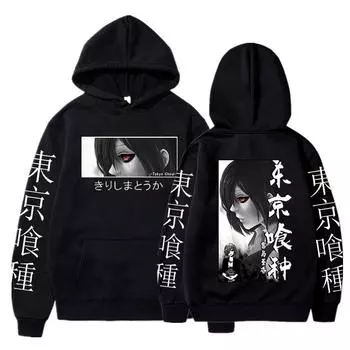 Толстовка с капюшоном в японском стиле с рисунком аниме Touka Kirishima Eyes Print Sweatshirt Casual Oversize Hoodies Harajuku Autumn Fleece Streetwear S чёрный