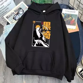 Толстовка с капюшоном в стиле аниме «Bleach Thousand Year Blood War» Куросаки Ичиго, толстовки с принтом, толстовки для мужчин и женщин, модные повседневные спортивные пуловеры, топы S чёрный