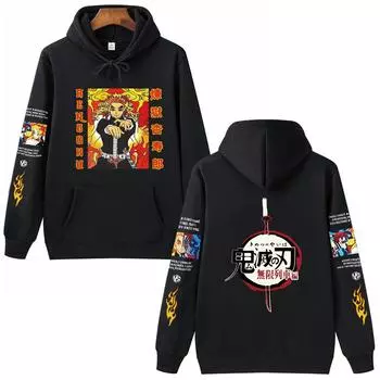 Толстовка с капюшоном в стиле аниме Demon Slayer Rengoku Kyoujuro Harajuku, пуловеры, топы, теплая зимняя уличная мужская модная ткань S чёрный