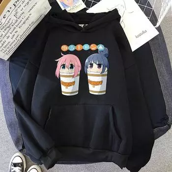 Толстовка с капюшоном в стиле аниме Yuru Laid Back Camp Harajuku Manga Kawaii Rin Shima и Nadeshiko Kagamihara, зимние мужские толстовки, топы S чёрный