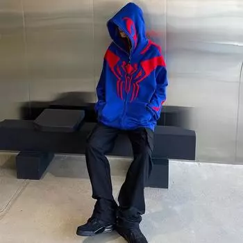 Толстовка с капюшоном в стиле оверсайз, уличная одежда, весна Y2K, готическая, панк-толстовка в стиле Харадзюку с алфавитом, полная молния, женская повседневная свободная толстовка, топы S синий