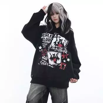 Толстовка с капюшоном в стиле панк-халата Harajuku, осень-зима, новые уличные толстовки с пряжкой, большие толстовки для женщин, горячая девчонка, толстовка с капюшоном Y2K, студентка S чёрный