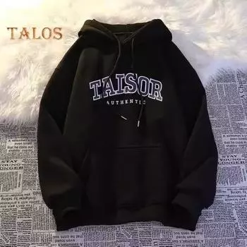 Толстовка с капюшоном в стиле ретро для пар с принтом букв и завязками на завязках, свободная, с капюшоном и карманом, хип-хоп, унисекс, школьная спортивная толстовка с капюшоном M чёрный