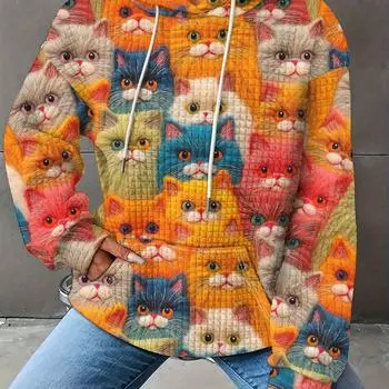Толстовка с капюшоном в виде вафельного свитера с цветным принтом кота, повседневная, с карманом-кенгуру, на шнурке, с длинным рукавом, женская одежда S
