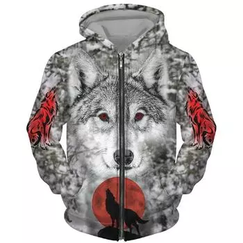 Толстовка с капюшоном Wolf 3D Printed для мужчин/женщин Harajuku Fashion Jacket с застежкой-молнией S