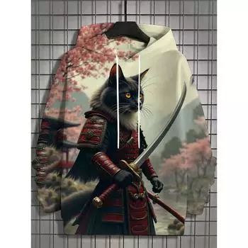 Толстовка с капюшоном «Японский кот-самурай» для мужчин, модная осенне-зимняя толстовка с капюшоном, повседневная мужская футболка с длинными рукавами, свободная уличная одежда 5xl L