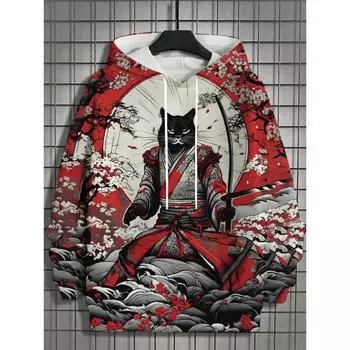 Толстовка с капюшоном «Японский кот-самурай» для мужчин, модная толстовка с капюшоном на осень и зиму, повседневная мужская футболка с длинными рукавами, уличные топы свободного покроя S