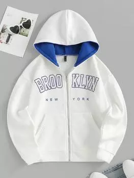 Толстовка с капюшоном ZAFUL Full Zip BROOKLYN NEW YORK с графическим покрытием и термоподкладкой L белый