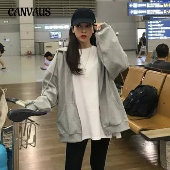 Толстовка с капюшоном женская большого размера осенняя молния кардиган куртка свободные спортивные топы M серый