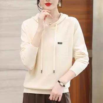 Толстовка с капюшоном, женская осенне-зимняя свободная верхняя одежда, свитер, вязаный топ с длинными рукавами и капюшоном One Size абрикосовый