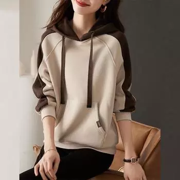 Толстовка с капюшоном, женская повседневная свободная утолщенная рубашка средней длины M хаки