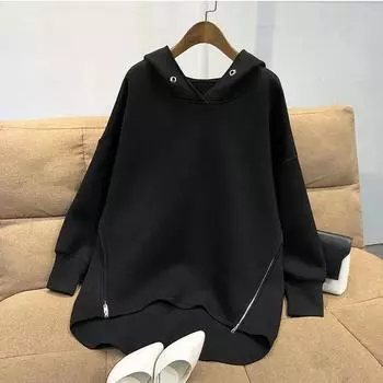 Толстовка с капюшоном, женская свободная верхняя одежда большого размера с длинными рукавами, модная тонкая повседневная куртка на молнии M чёрный