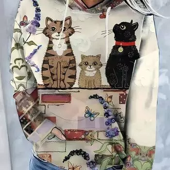 Толстовка с карманом кенгуру и котом для женщин, повседневная толстовка с длинным рукавом и завязками, спортивная одежда, женская уличная одежда S