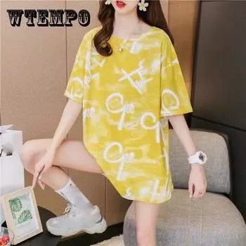 Толстовка с коротким рукавом, футболка, женская летняя футболка с коротким рукавом, студенческий непринужденный топ с принтом в иностранном стиле XXL жёлтый