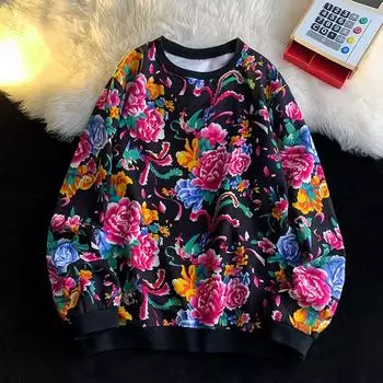 Толстовка с круглым вырезом и длинными рукавами, куртка больших размеров в китайском стиле, северо-восточный топ с цветочным принтом M чёрный