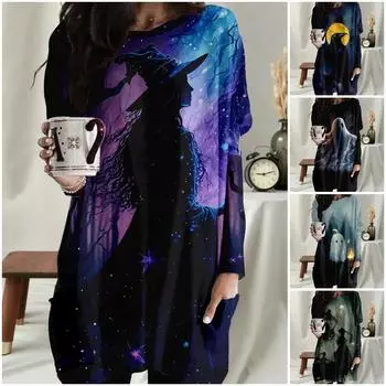 Толстовка с круглым вырезом и длинными рукавами, женская толстовка с карманами на Хэллоуин, ведьмой и призраком, женский топ S