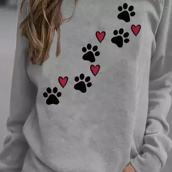 Толстовка с круглым вырезом и принтом в виде лап животных, повседневная толстовка с длинными рукавами для осени и зимы, женская S