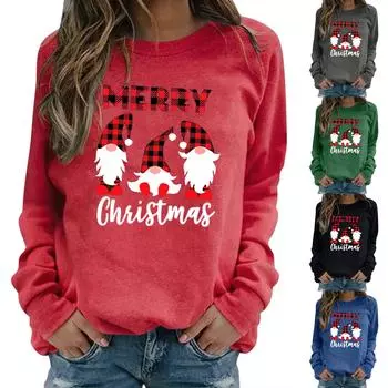Толстовка с круглым вырезом и рождественским принтом, женская осенне-зимняя свободная повседневная футболка с длинными рукавами, женский пуловер большого размера L чёрный