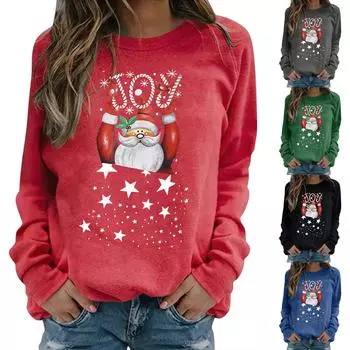 Толстовка с круглым вырезом и рождественским принтом, женская осенне-зимняя свободная повседневная футболка с длинными рукавами, женский пуловер большого размера XXL красный