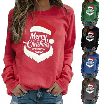 Толстовка с круглым вырезом и рождественским принтом, женская осенне-зимняя свободная повседневная футболка с длинными рукавами, женский пуловер большого размера M чёрный
