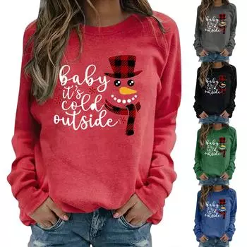 Толстовка с круглым вырезом и рождественским принтом, женская осенне-зимняя свободная повседневная футболка с длинными рукавами, женский пуловер большого размера XXL синий