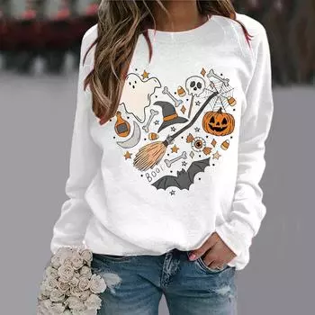 Толстовка с круглым вырезом на Хэллоуин Унисекс Толстовка с принтом на Хэллоуин Без капюшона Толстовка с длинным рукавом Верхняя одежда для женщин S