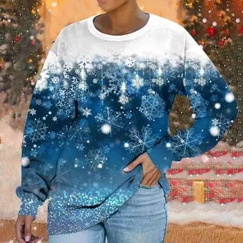 Толстовка с круглым вырезом Рождественская снежинка цифровой принт повседневная весна осень свободная женская толстовка Пуловеры и длинные рукава (Женский) XS