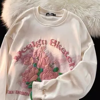 Толстовка с круглым вырезом с принтом цветов и букв для мужчин и женщин, модный тренд осени и зимы, повседневный удобный топ с длинными рукавами для пар, Harajuku M белый