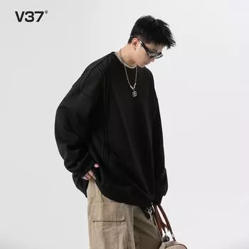 Толстовка с круглым вырезом в гонконгском стиле для мужчин, весна-осень, ретро, свободный модный топ, мужская куртка больших размеров M чёрный