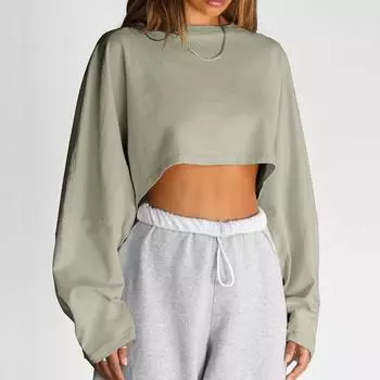 Толстовка с круглым вырезом, женский короткий пуловер, однотонная спортивная базовая рубашка, трикотажная футболка, свободный топ с длинными рукавами большого размера S