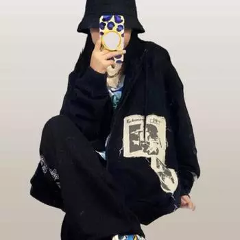 Толстовка с нашивкой из ткани в кампусном стиле, спортивный свободный кардиган с капюшоном, уличная куртка на молнии для женщин S чёрный