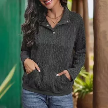 Толстовка с перекрученной текстурой, отложным воротником, плиссированным карманом, длинными рукавами, свободная, плотная, однотонная, эластичная S темно-серого