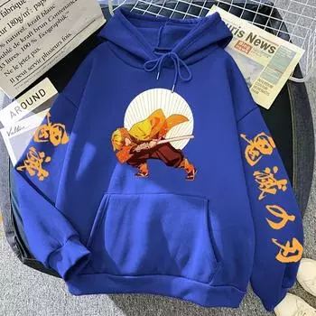 Толстовка с принтом Demon Slayer Agatsuma Zenitsu в стиле хип-хоп, свободная толстовка с капюшоном, повседневная флисовая толстовка в стиле Харадзюку, топы с круглым вырезом, толстовки S