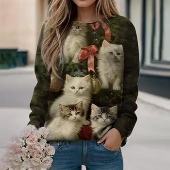 Толстовка с принтом «Кавайный кот», женская, с круглым вырезом, с длинным рукавом, пуловер, осенняя мода, повседневный свитер, женская одежда в стиле Харадзюку S
