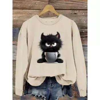 Толстовка с принтом кота, повседневная толстовка с круглым вырезом для зимы и осени, женская одежда S