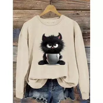 Толстовка с принтом кота, повседневная толстовка с круглым вырезом для зимы и осени, женская одежда S