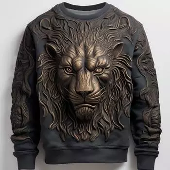 Толстовка с принтом льва для мужчин, длинный рукав, 3D-графика зверя, свободный свитер с круглым вырезом, повседневные мужские толстовки с капюшоном S