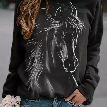 Толстовка с принтом лошади больших размеров — удобные длинные рукава для максимального комфорта, S